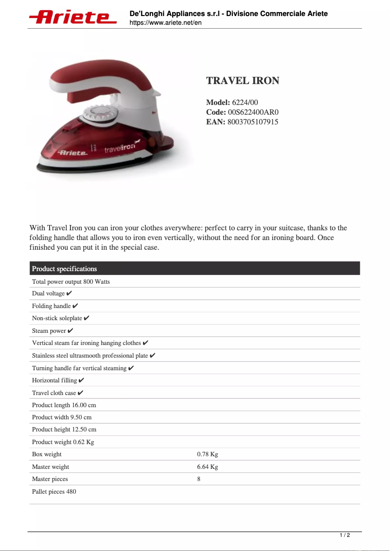 Page 1 de la notice Fiche technique Ariete Travel Chic 6224