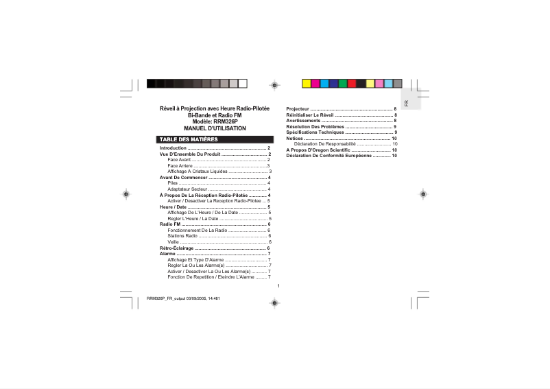 Page 1 de la notice Manuel utilisateur Oregon Scientific RRM326P