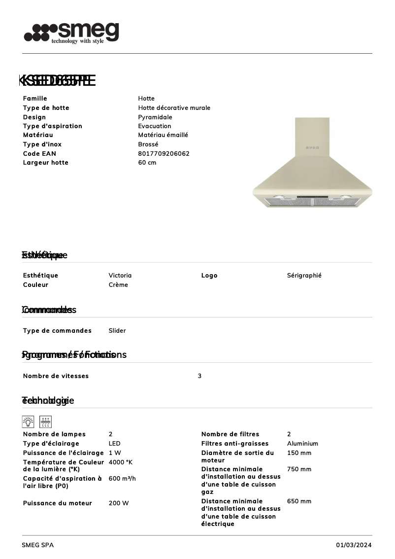 Page 1 de la notice Fiche technique Smeg KSED65PE