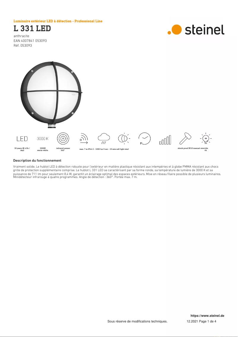 Page 1 de la notice Fiche technique Steinel L 331 LED