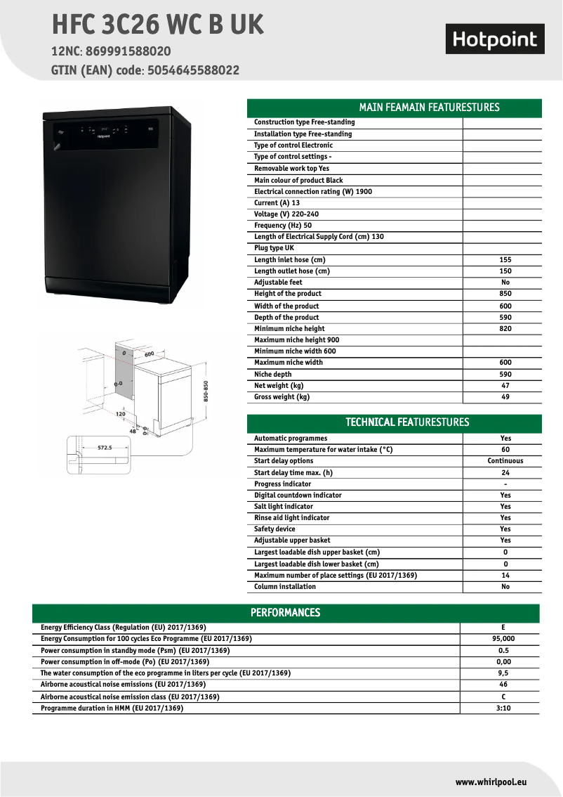 Page 1 de la notice Fiche technique Hotpoint HFC 3C26 WC B UK