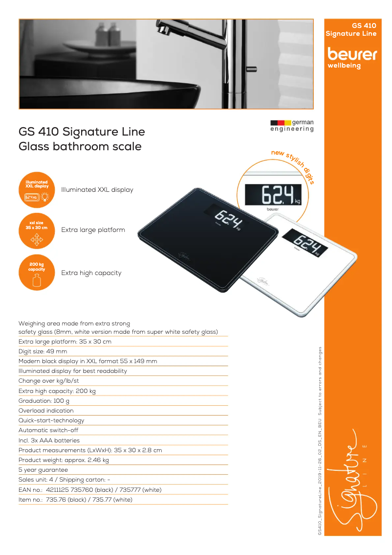 Page 1 de la notice Fiche technique Beurer GS 410 Signature Line