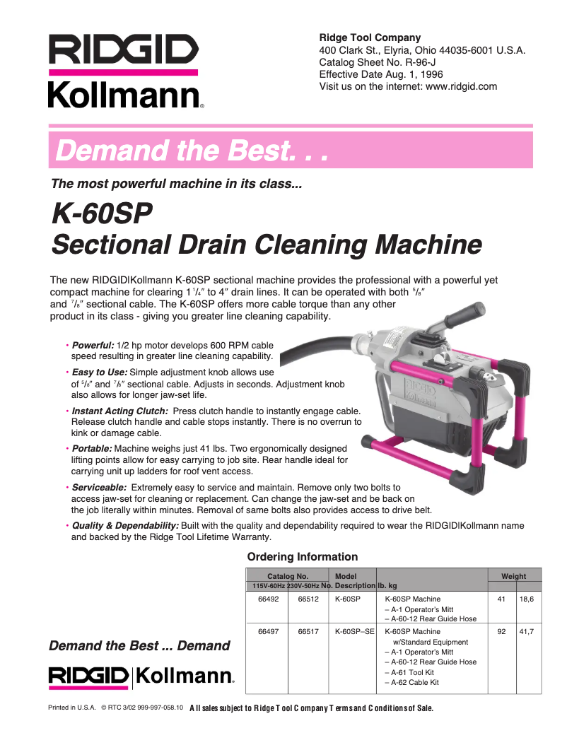 Page 1 de la notice Catalogue Ridgid K-60SP