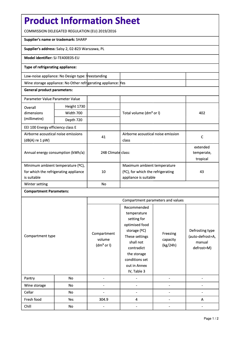 Page 1 de la notice Manuel utilisateur Sharp SJ-TE400E0S-EU
