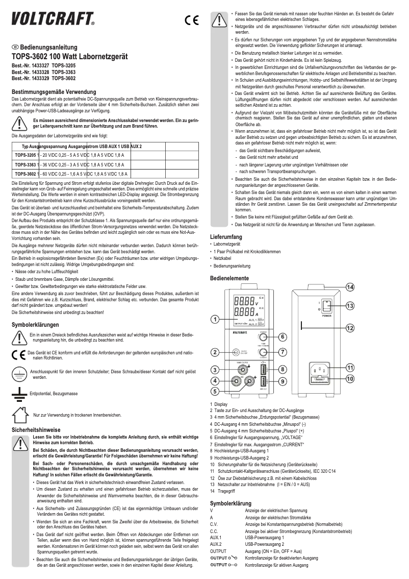 Page n°1 - Manuel utilisateur Voltcraft TOPS-3205