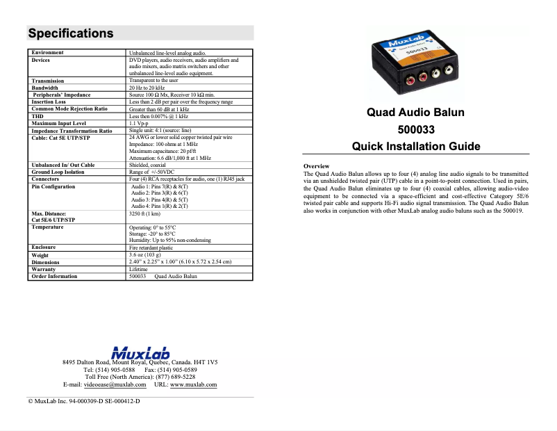 Image de la première page du manuel de l'appareil Quad Audio Balun