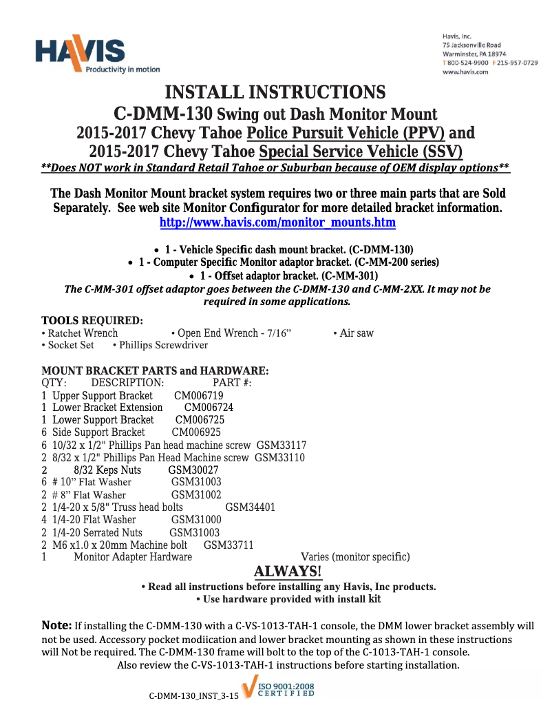 Page 1 de la notice Manuel utilisateur Havis C-DMM-130