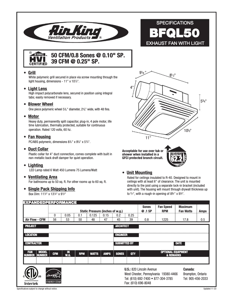 Page 1 de la notice Fiche technique Air King BFQL50