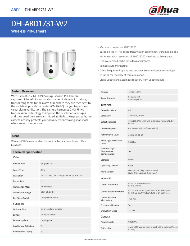 Page 1 de la notice Fiche technique Dahua Technology ARD1731-W2