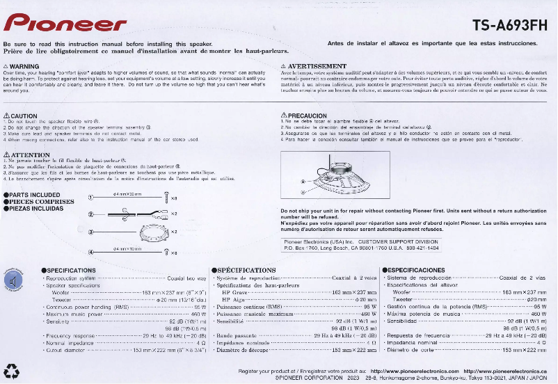 Page n°1 - Manuel utilisateur Pioneer TS-A693FH