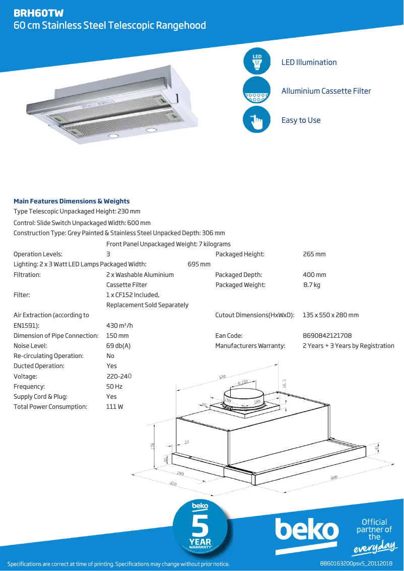 Page 1 de la notice Fiche technique Beko BRH60TW