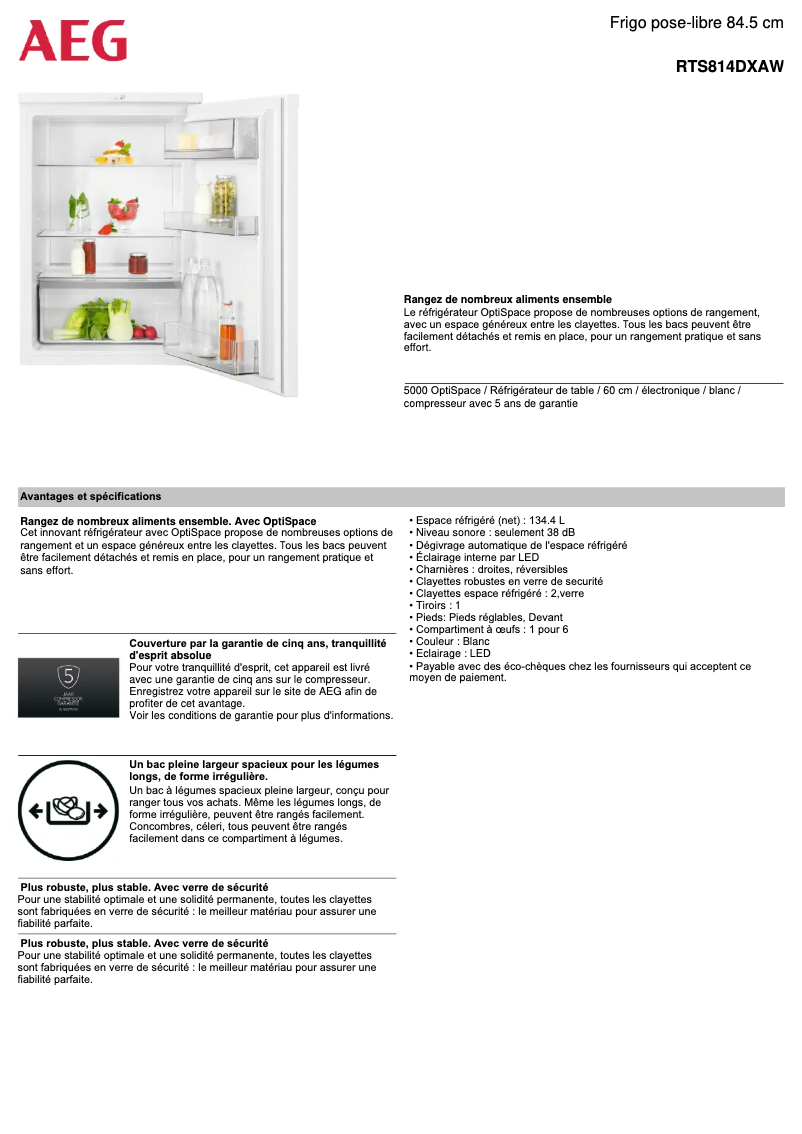 Page 1 de la notice Fiche technique AEG RTS814DXAW