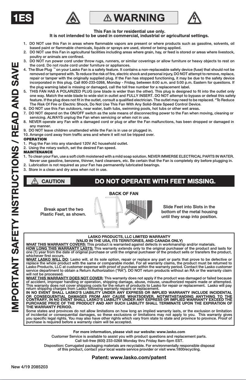 Page 1 de la notice Manuel utilisateur Lasko B20309