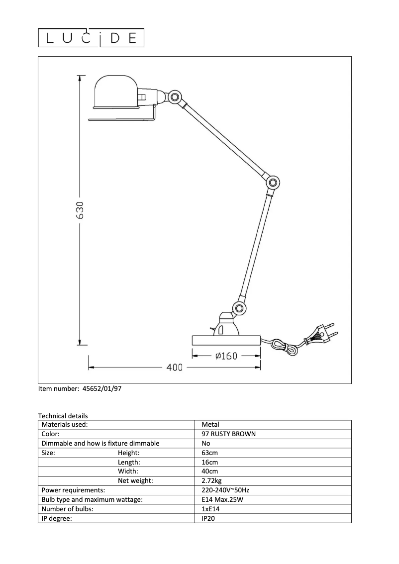 Page 1 de la notice Manuel utilisateur Lucide Honore 45652/01/97