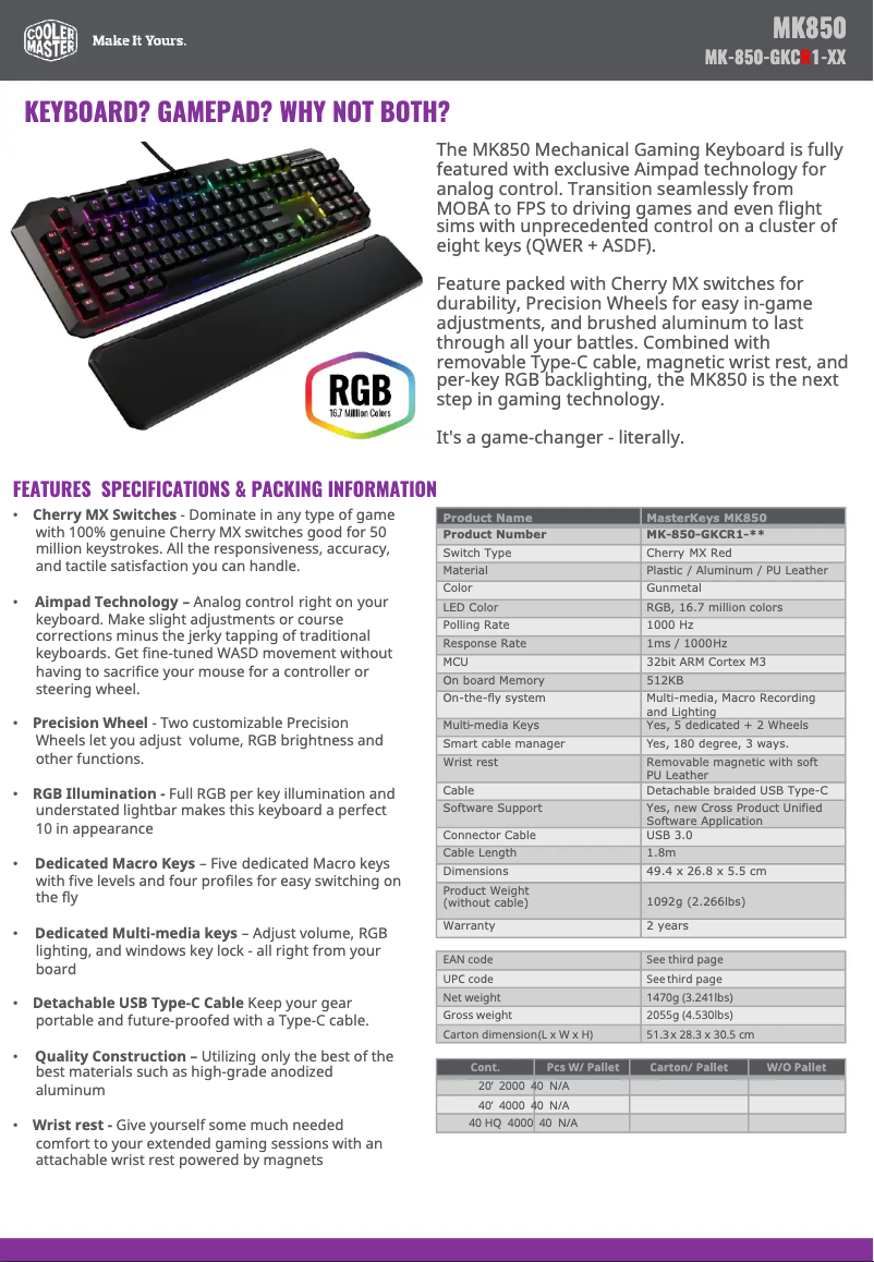 Page 1 of the manual Technical Sheet Cooler Master MK850