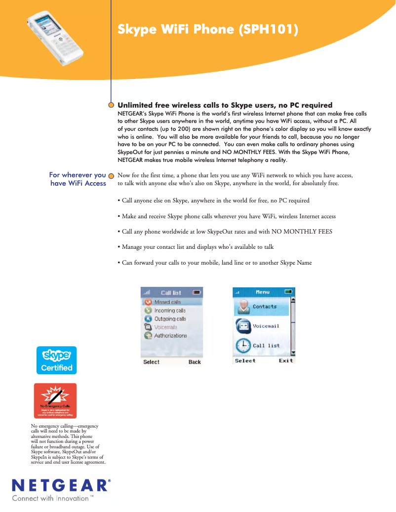 Page 1 de la notice Fiche technique Netgear SPH101