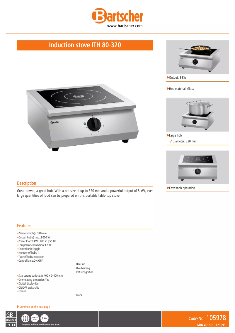 Page n°1 - Fiche technique Bartscher ITH 80