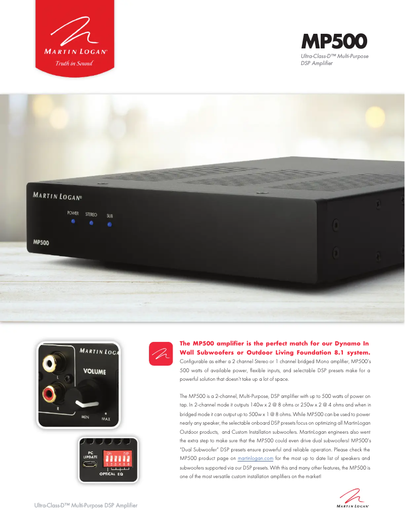 Page 1 of the manual Technical Sheet Martin Logan MP500