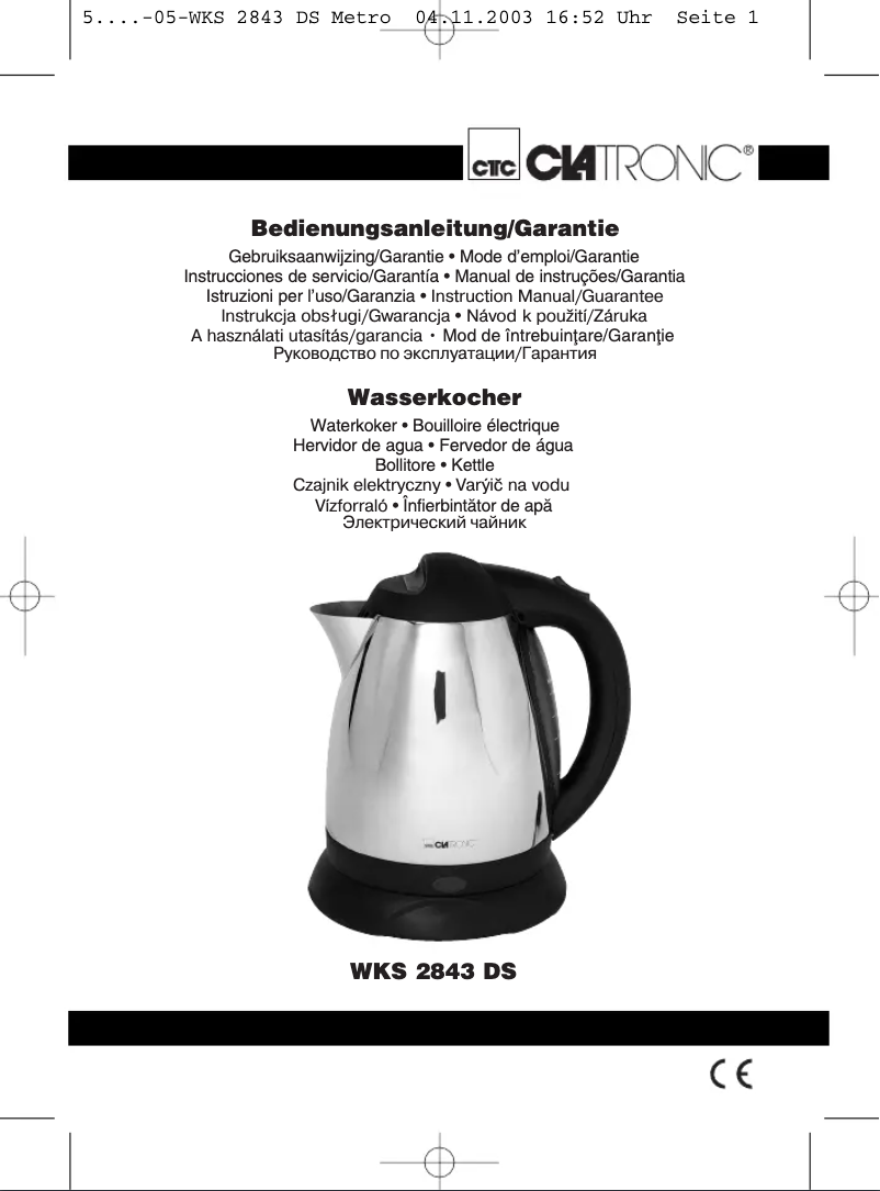 Page 1 de la notice Manuel utilisateur Clatronic WKS 2843