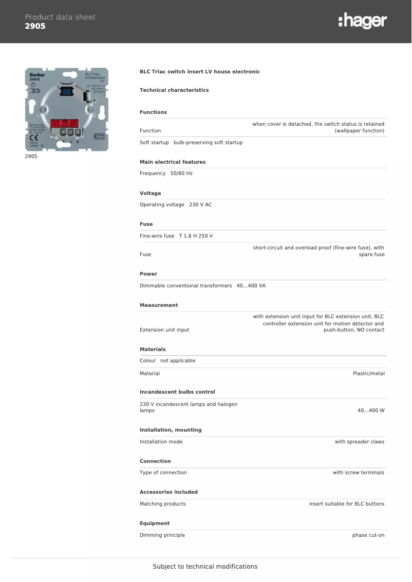 Page n°1 - Fiche technique Berker 2905