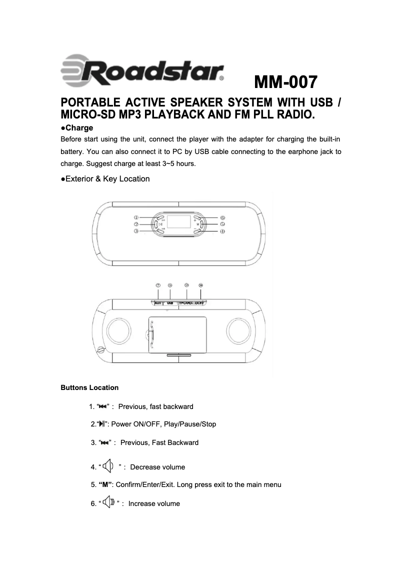 Page n°1 - Manuel utilisateur Roadstar MM-007N/RD