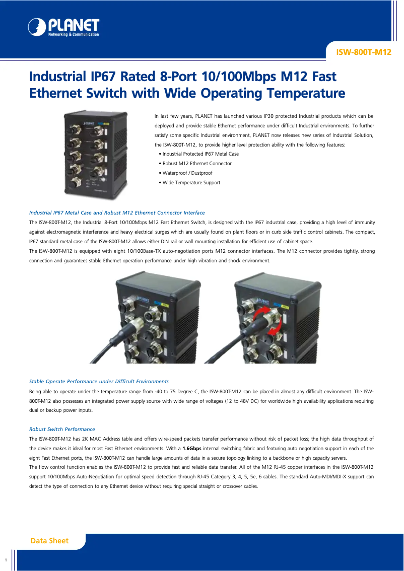 Página 1 del manual Ficha técnica Planet ISW-800T-M12