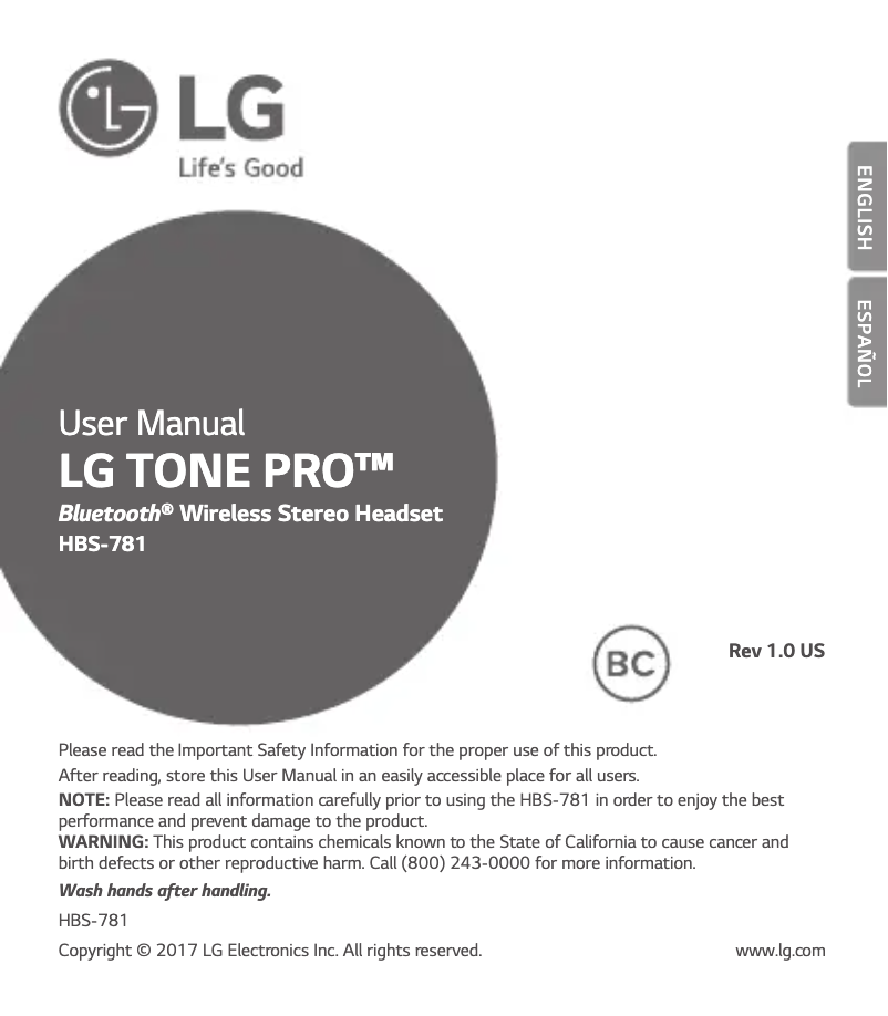 Page 1 de la notice Manuel utilisateur LG Tone Pro HBS-781