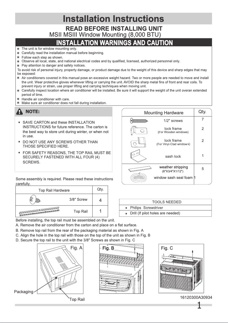Page 1 de la notice Guide d'installation Frigidaire FHWC083TC1