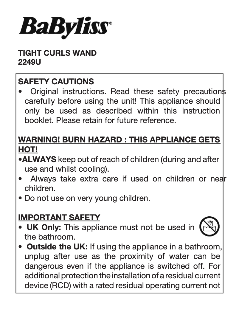 Image de la première page du manuel de l'appareil Tight Curls Wand 2249U