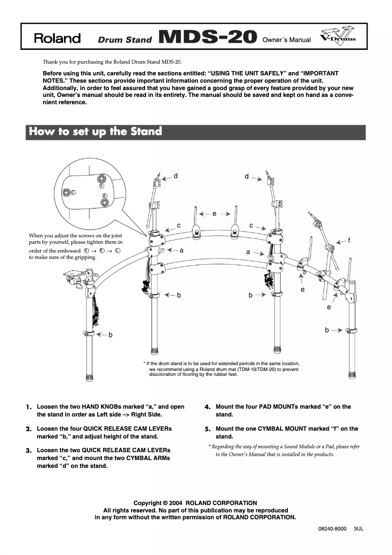 Page 1 de la notice Manuel utilisateur Roland MDS-20BK