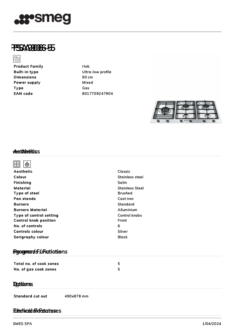 Page 1 de la notice Fiche technique Smeg PSA906-5