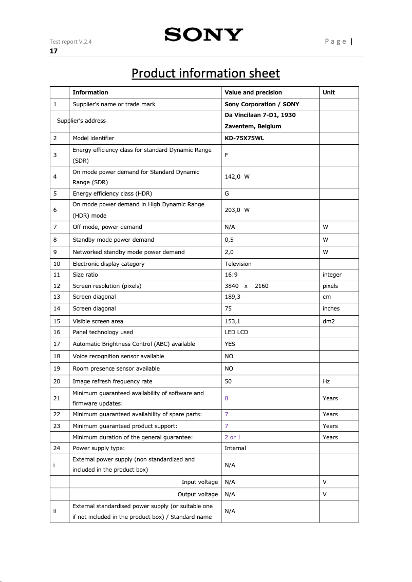 Página 1 del manual Ficha técnica Sony KD-75X75WL