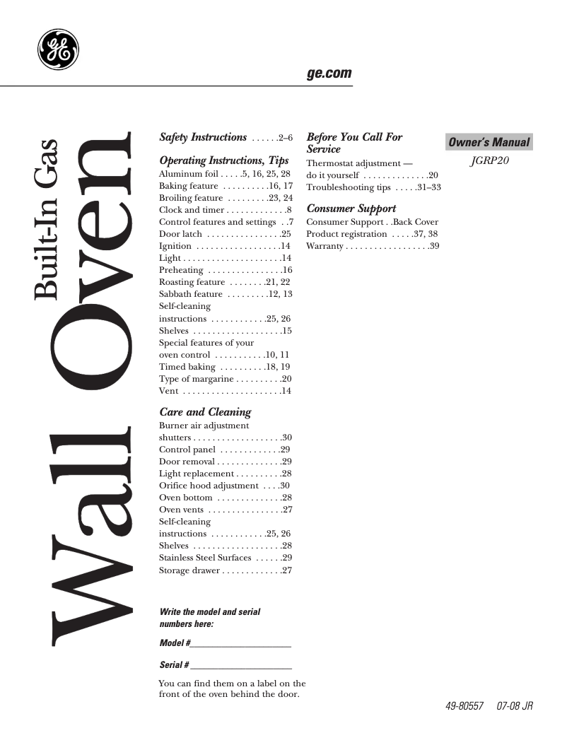 First page image of the manual for JGRP20WH