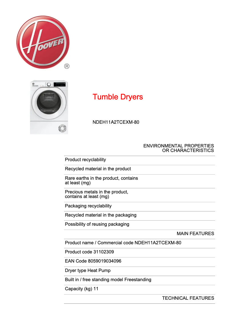 Page n°1 - Fiche technique Hoover NDEH11A2TCEXM-80