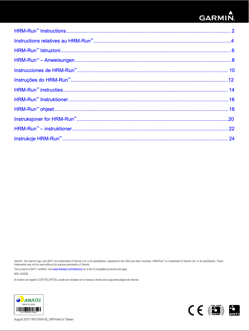 Page 1 de la notice Manuel utilisateur Garmin HRM-Run