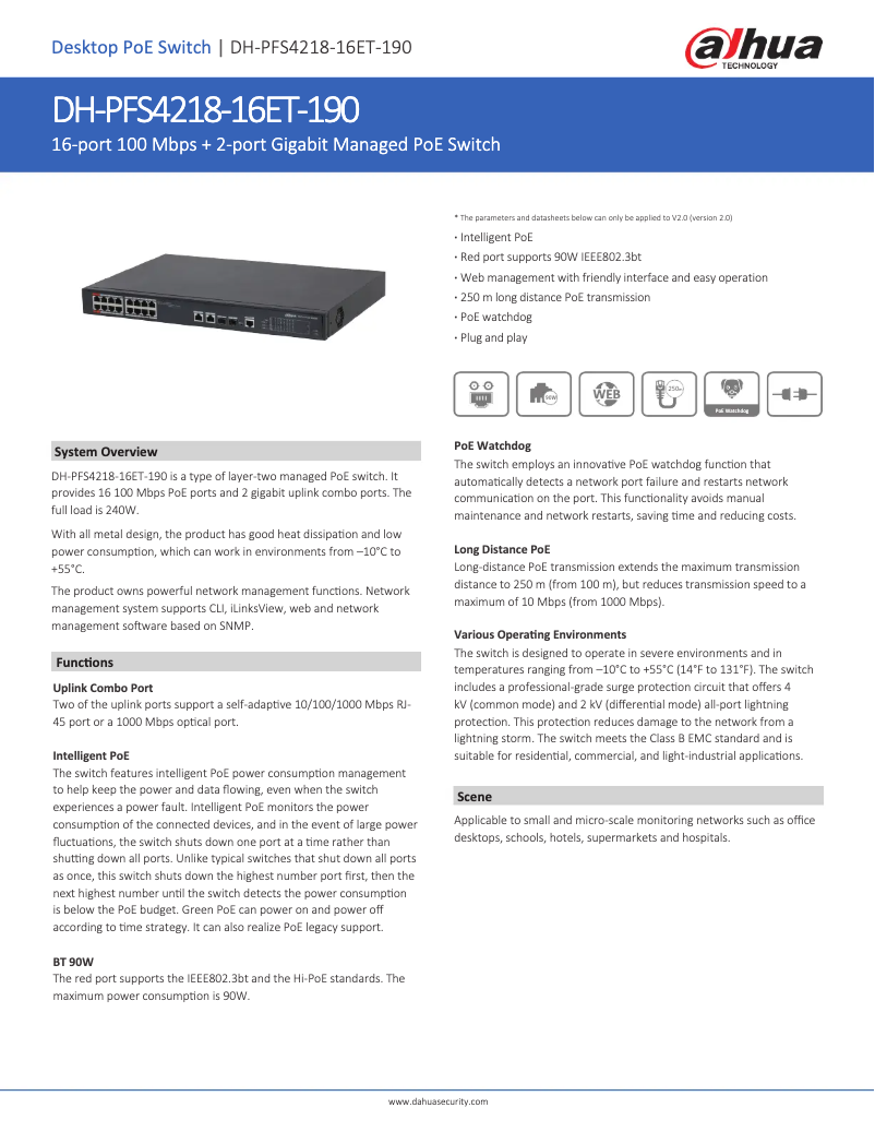 Page 1 de la notice Fiche technique Dahua Technology PFS4218-16ET-190
