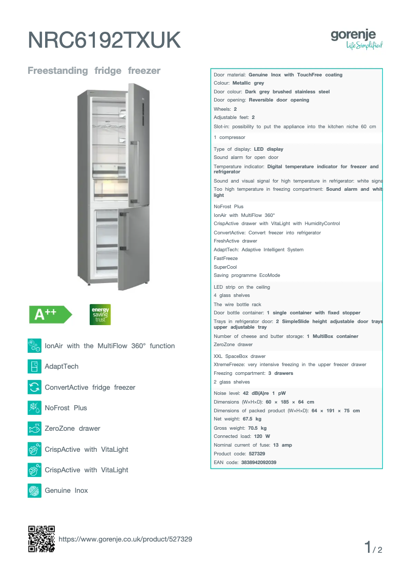 Página 1 del manual Ficha técnica Gorenje NRC6192TXUK