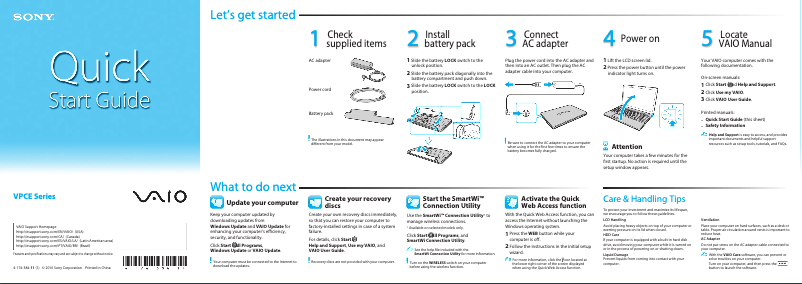 Page 1 de la notice Guide d'installation Sony Vaio VPCEB16
