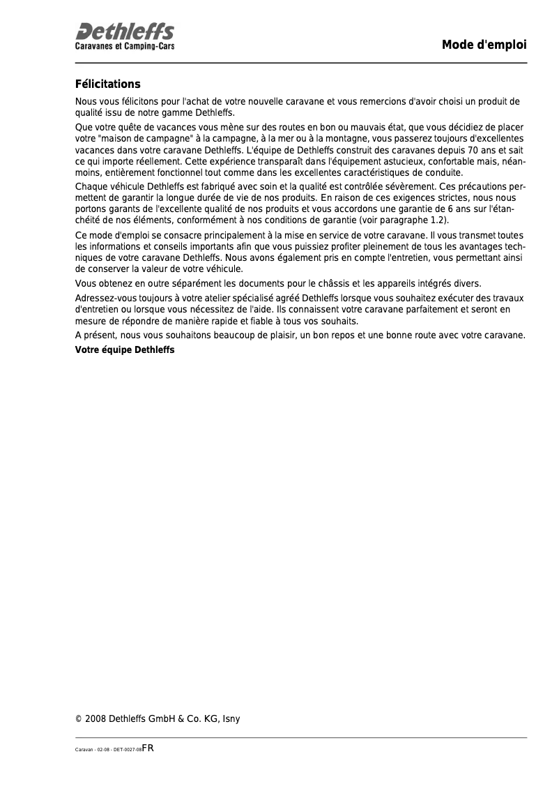 Page 1 de la notice Manuel utilisateur Dethleffs 2008