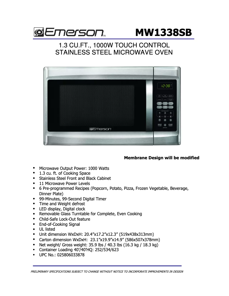 Page 1 de la notice Fiche technique Emerson MW1338SB
