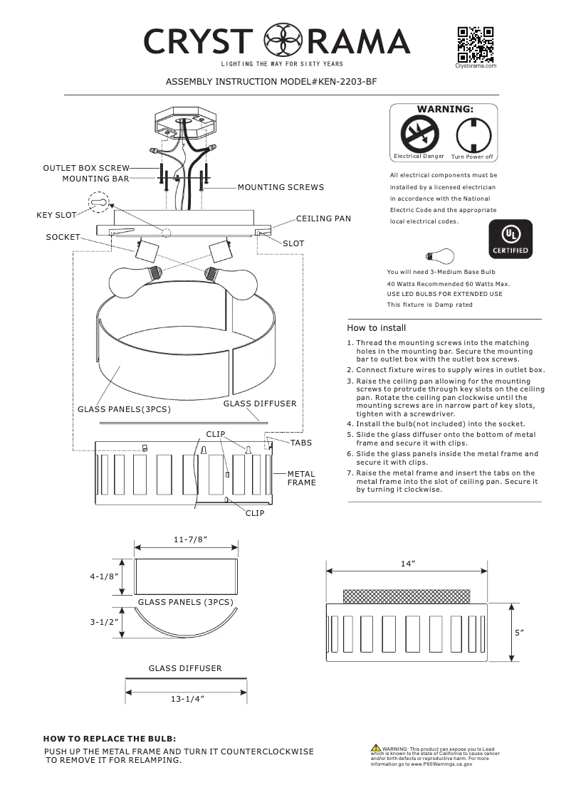 Page 1 de la notice Manuel utilisateur Crystorama Kendal KEN-2203-BF