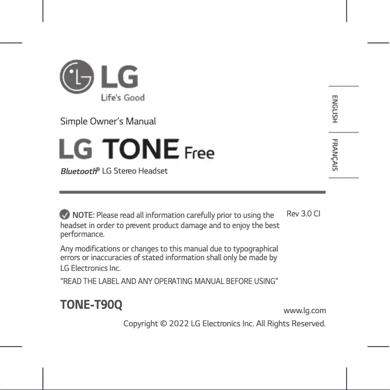 Page 1 de la notice Manuel utilisateur LG Tone Free TONE-T90Q