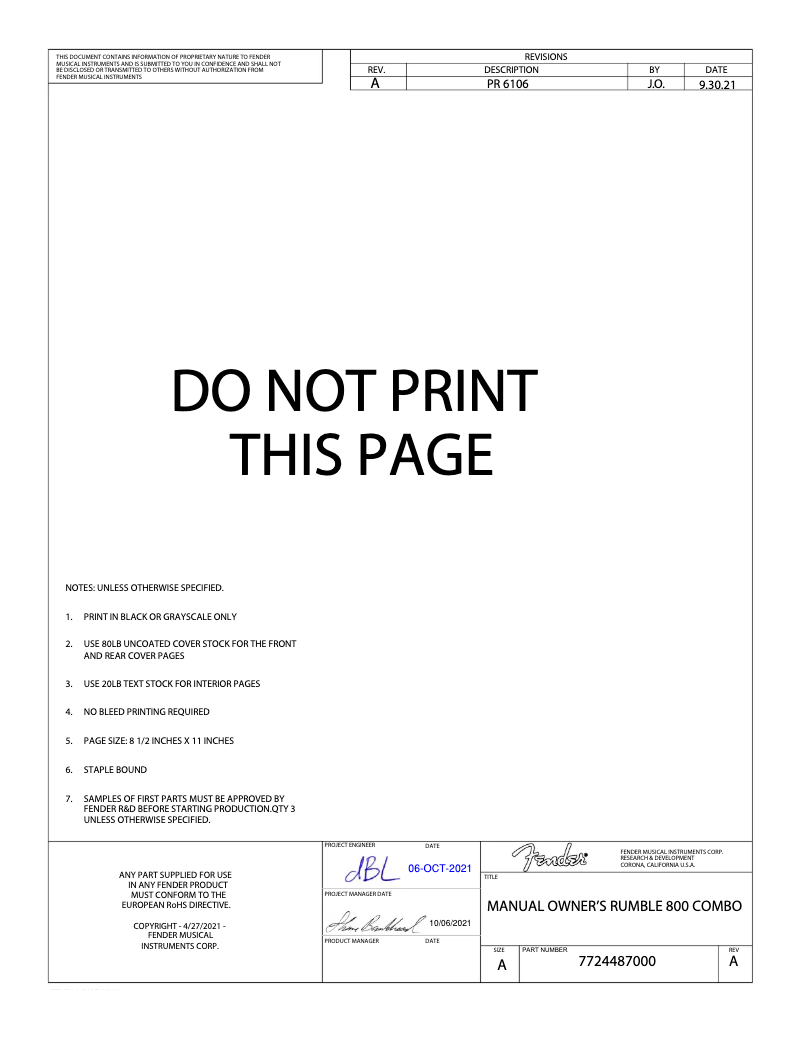 Page 1 de la notice Manuel utilisateur Fender Rumble 800 Combo