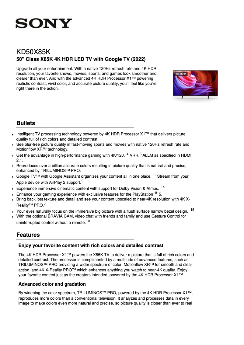 Página 1 del manual Ficha técnica Sony KD-50X85K