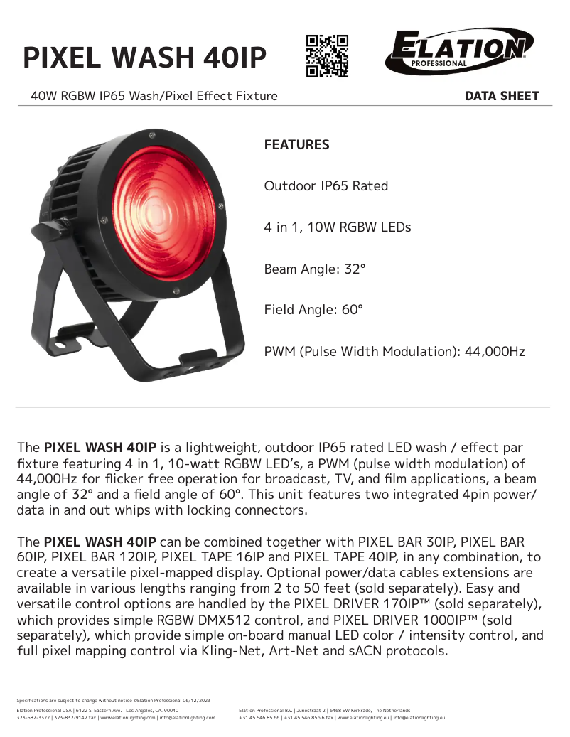 Page 1 de la notice Fiche technique Elation PIXEL WASH 40IP