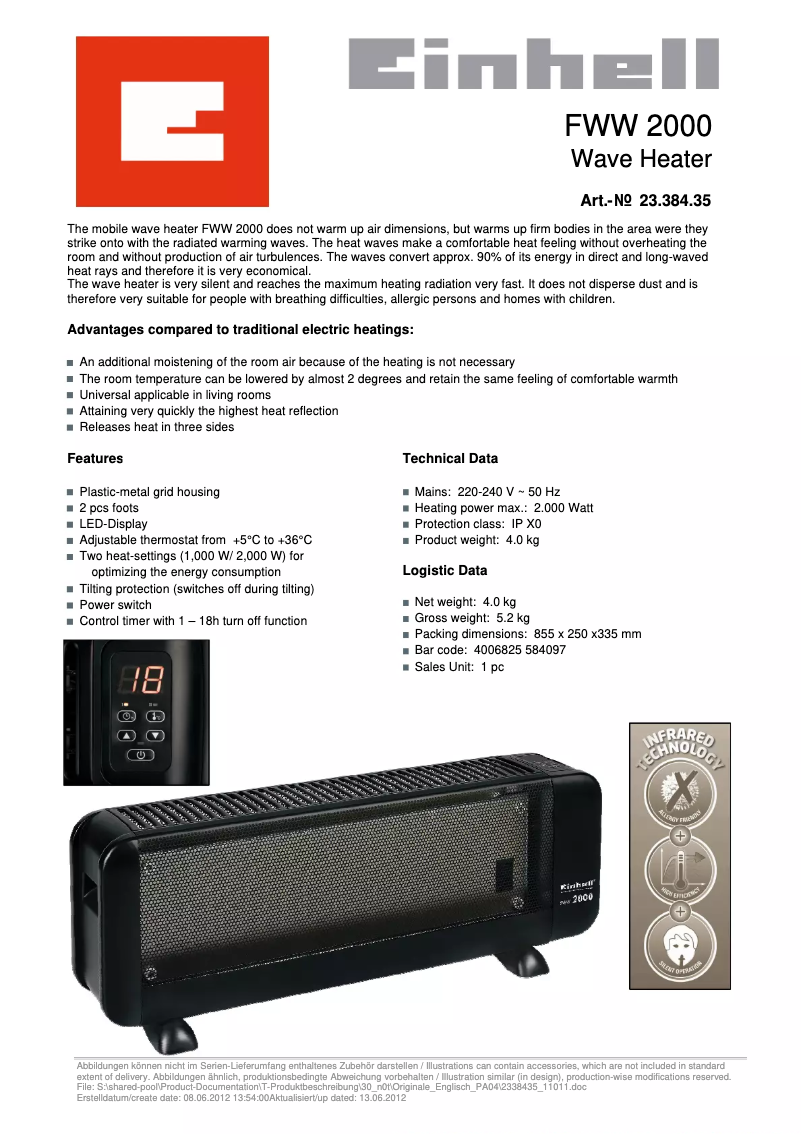 Página 1 del manual Ficha técnica Einhell FWW 2000