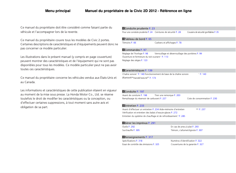 Page 1 de la notice Manuel utilisateur Honda Civic Coupe (2012)
