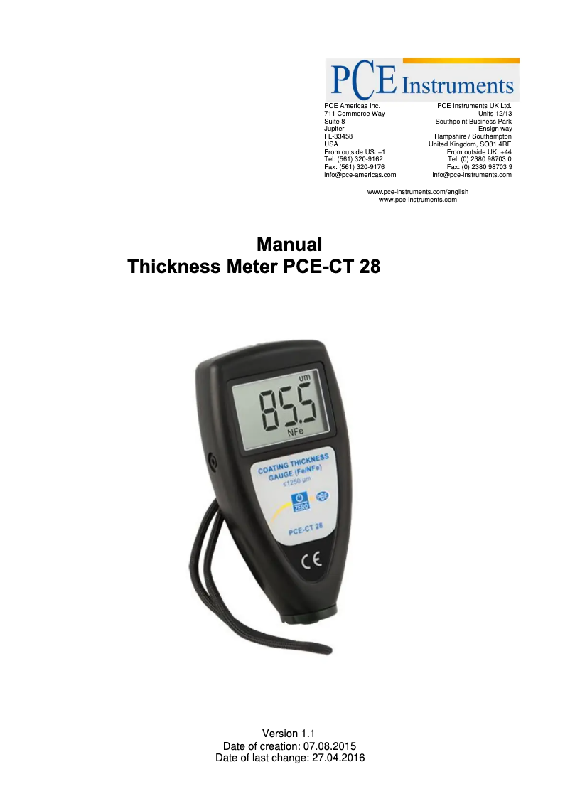 Page 1 de la notice Manuel utilisateur PCE Instruments PCE-CT 28