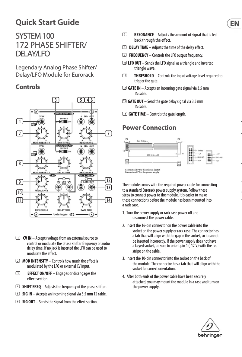 Page n°1 - Manuel utilisateur Behringer System 100 172 Phase Shifter/Delay/LFO