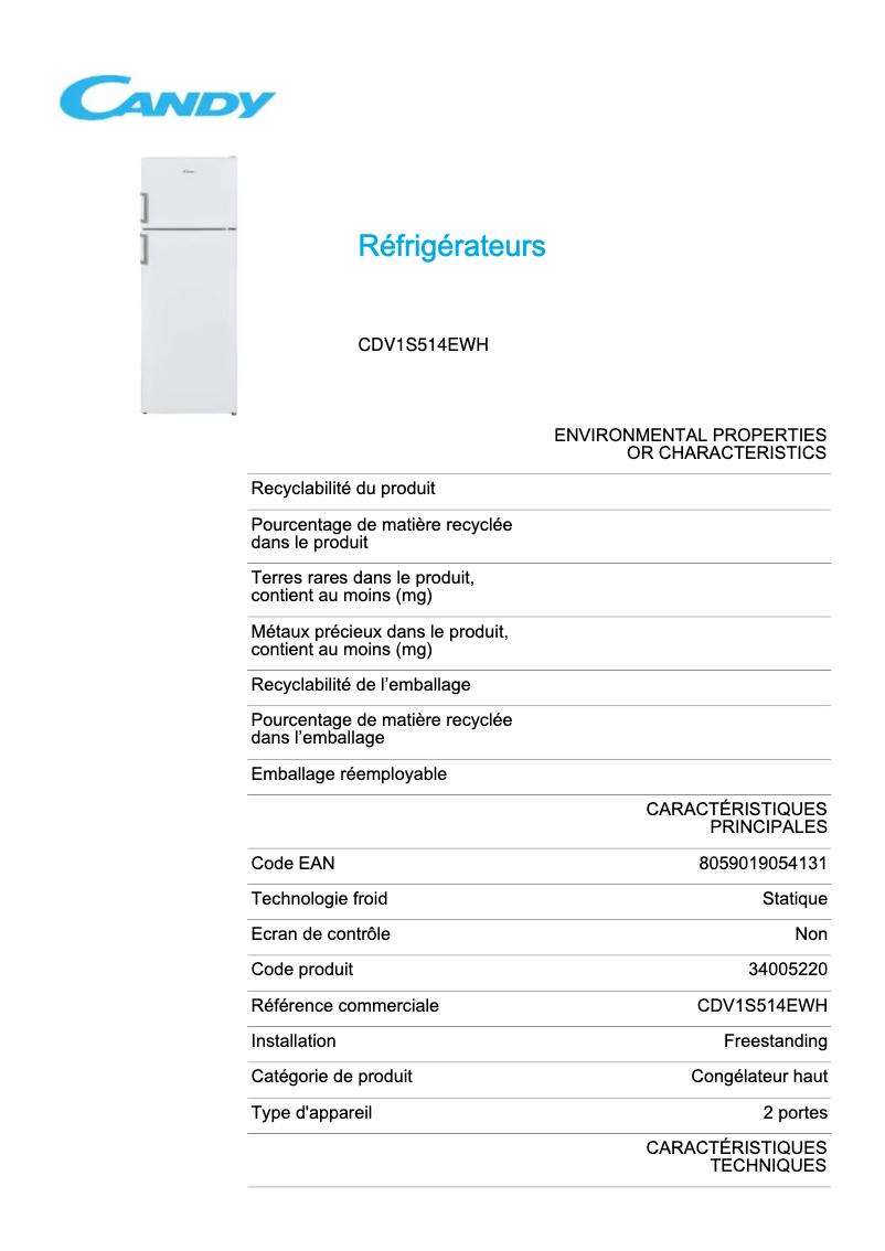 Page 1 de la notice Fiche technique Candy CDV1S514EWH